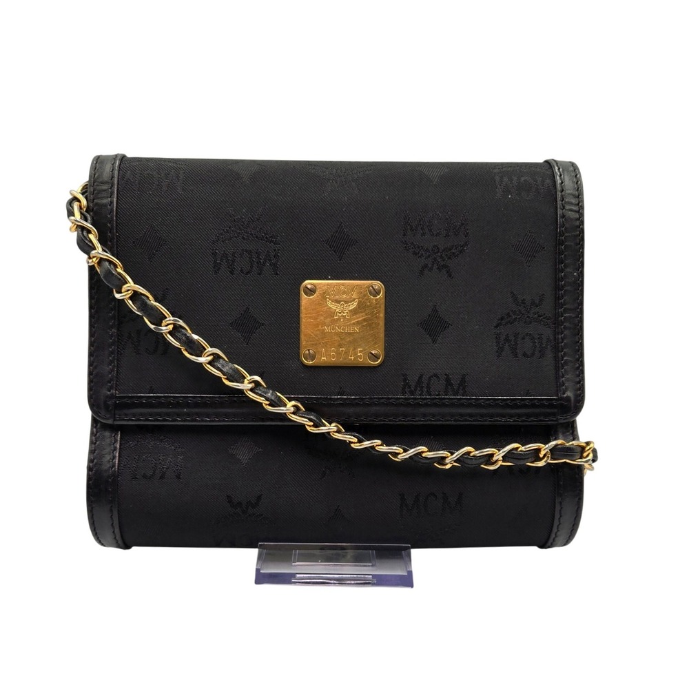 MCM Black Coated Canvas Gold Chain Crossbody Wallet on Chain Bag